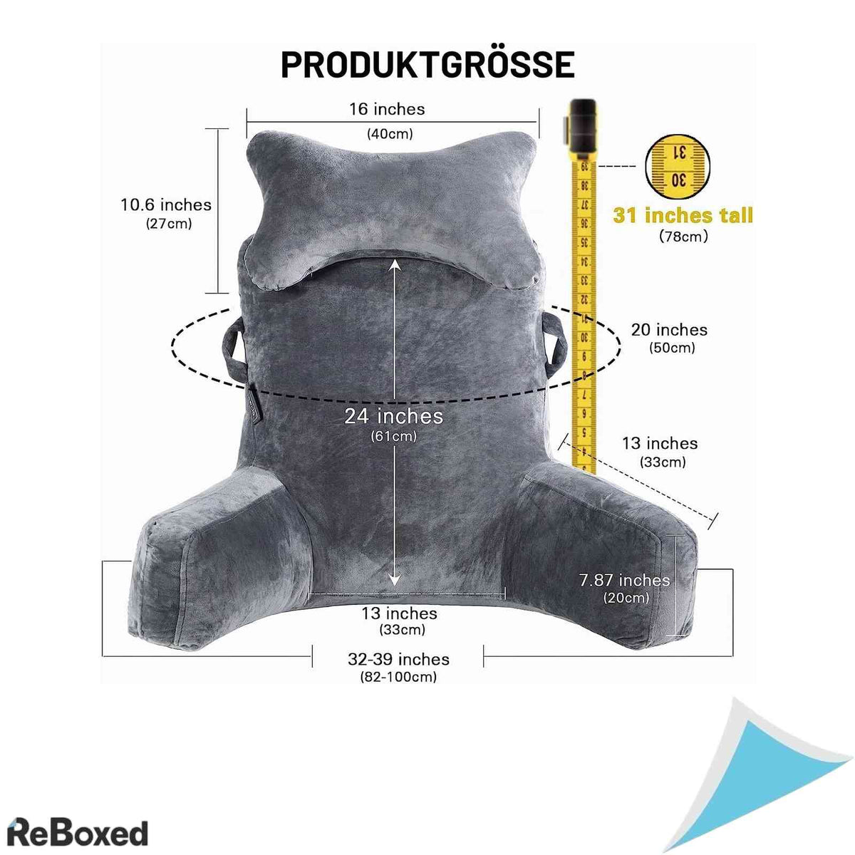 Perna Spatar Ergonomica SLIGUY 79x58 cm pentru Citit in Pat cu Rulou Cervical Suport Brate si Buzunare Gri Inchis