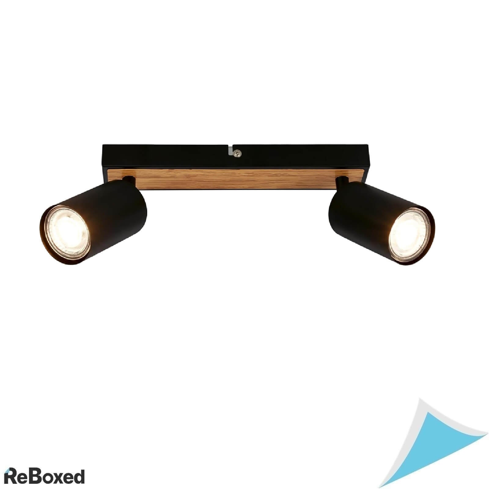 Plafoniera cu 2 Spoturi GU10 BRILONER, Orientabile, Max. 2 x 9W, Design Negru cu Lemn, pentru Living, Dormitor si Bucatarie