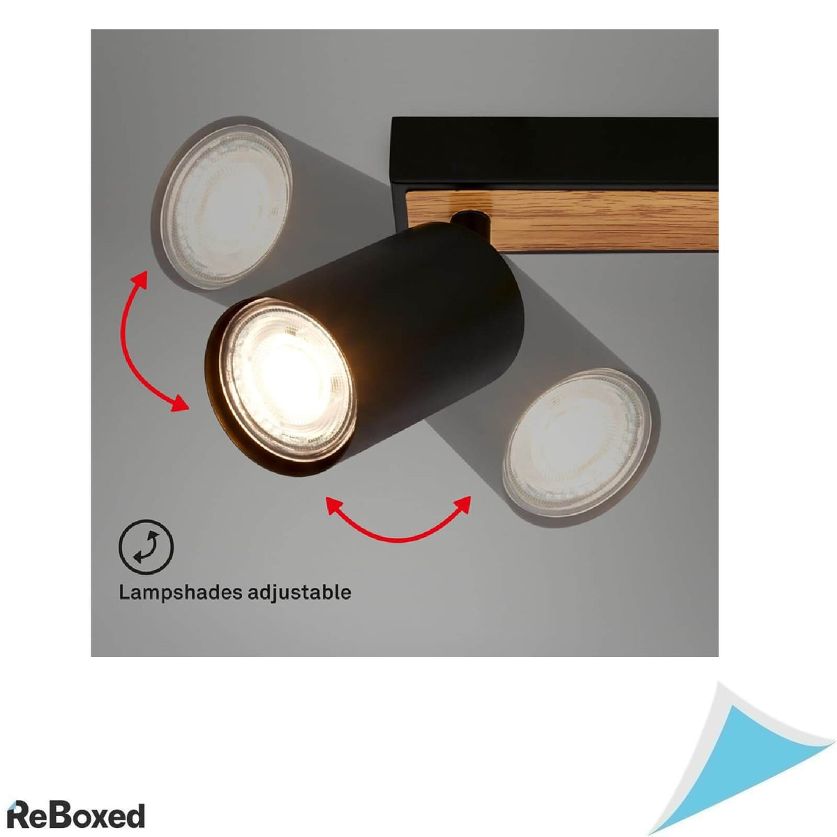 Plafoniera cu 2 Spoturi GU10 BRILONER, Orientabile, Max. 2 x 9W, Design Negru cu Lemn, pentru Living, Dormitor si Bucatarie