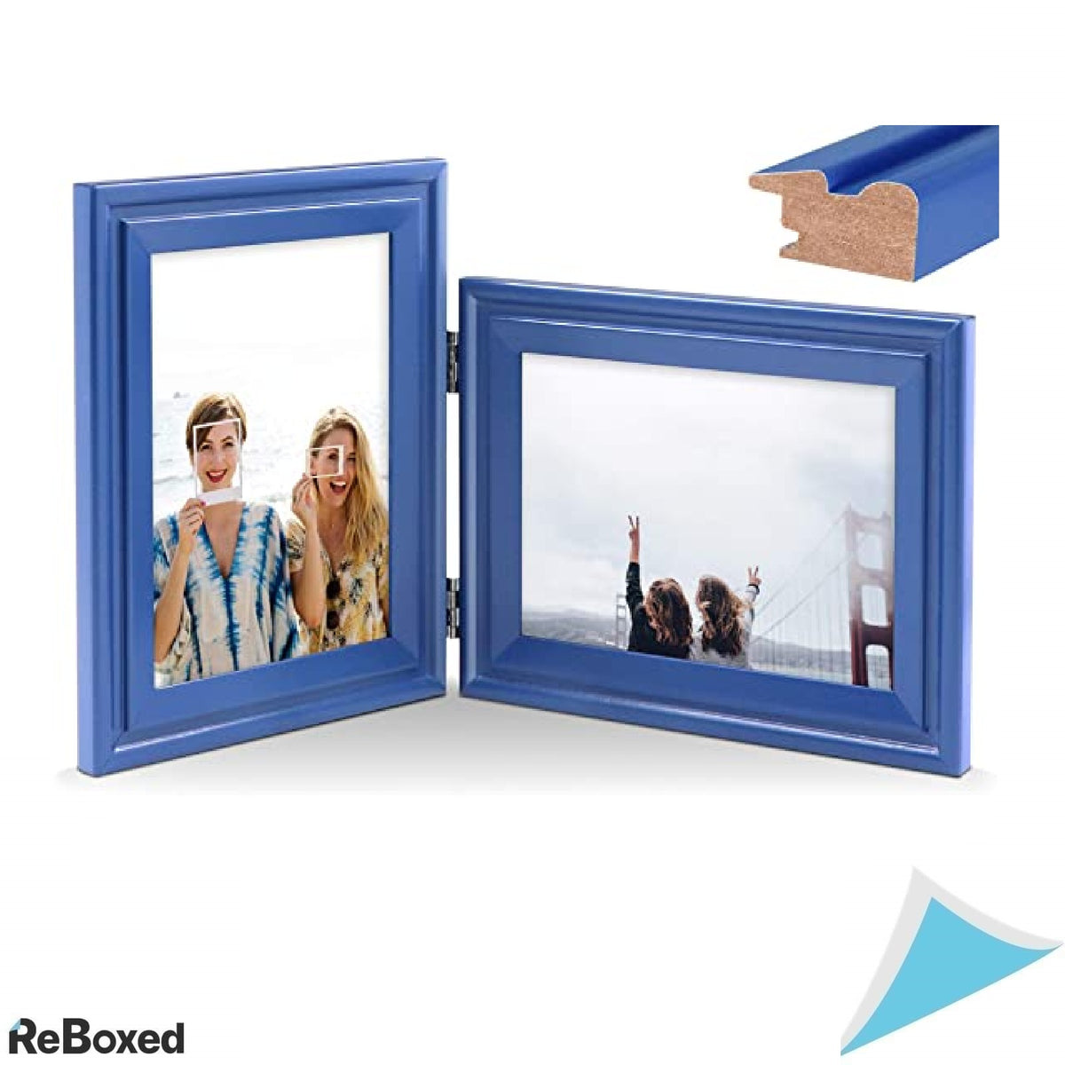JD Concept – Rama foto dubla pliabila 5x7 din lemn albastru inchis, pentru vedere portret si peisaj