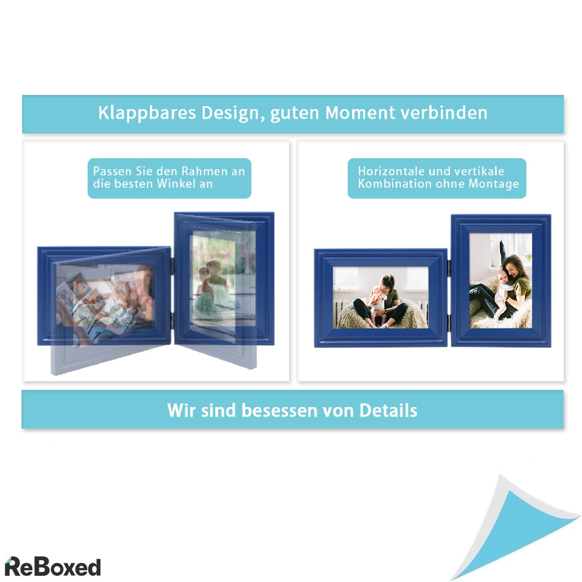 JD Concept – Rama foto dubla pliabila 5x7 din lemn albastru inchis, pentru vedere portret si peisaj