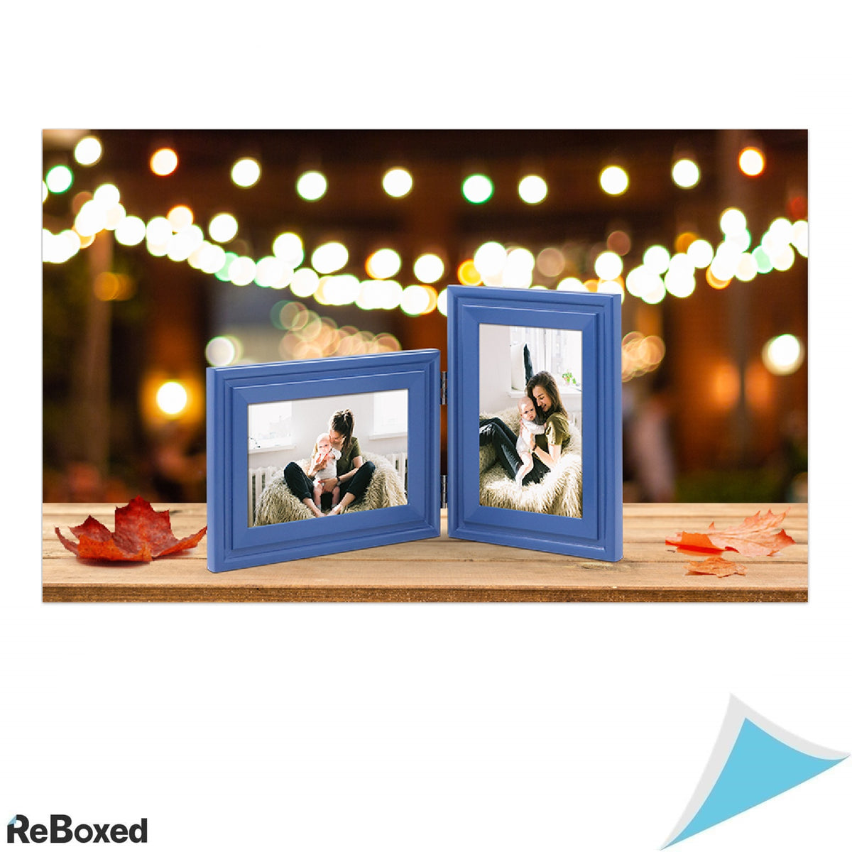 JD Concept – Rama foto dubla pliabila 5x7 din lemn albastru inchis, pentru vedere portret si peisaj