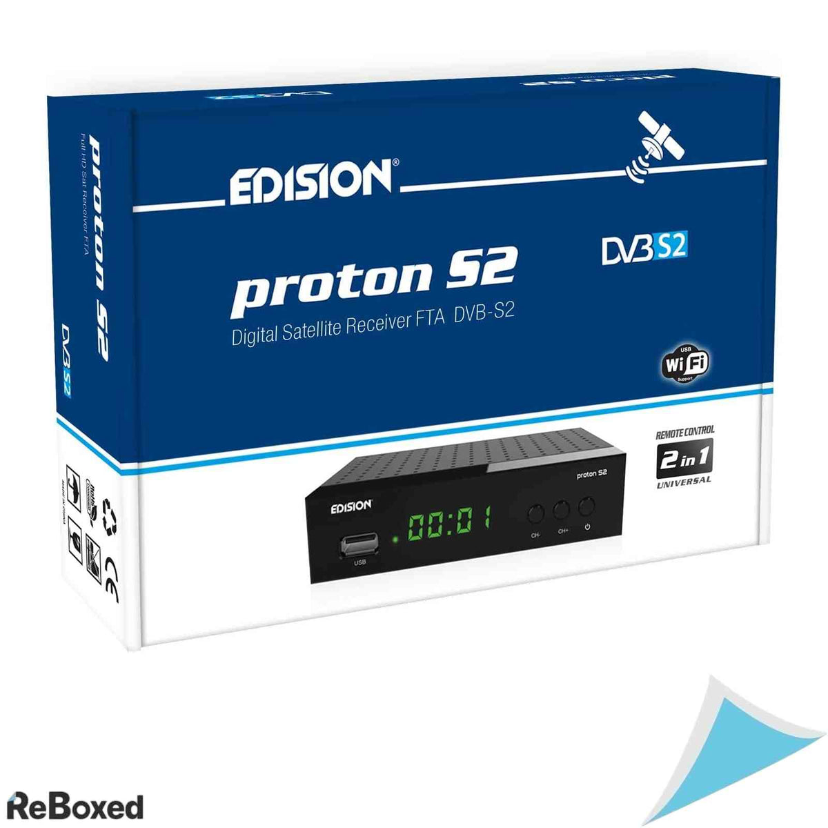 Receptor Satelit Full HD Edision Proton S2 Tuner DVB-S2 FTA Port USB HDMI Scart SPDIF Suport USB WiFi Telecomanda 2in1 Negru