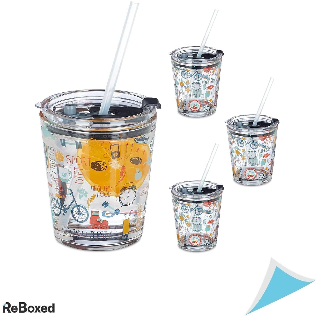 Relaxdays Set 4 Pahare cu Capac si Pai 350ml