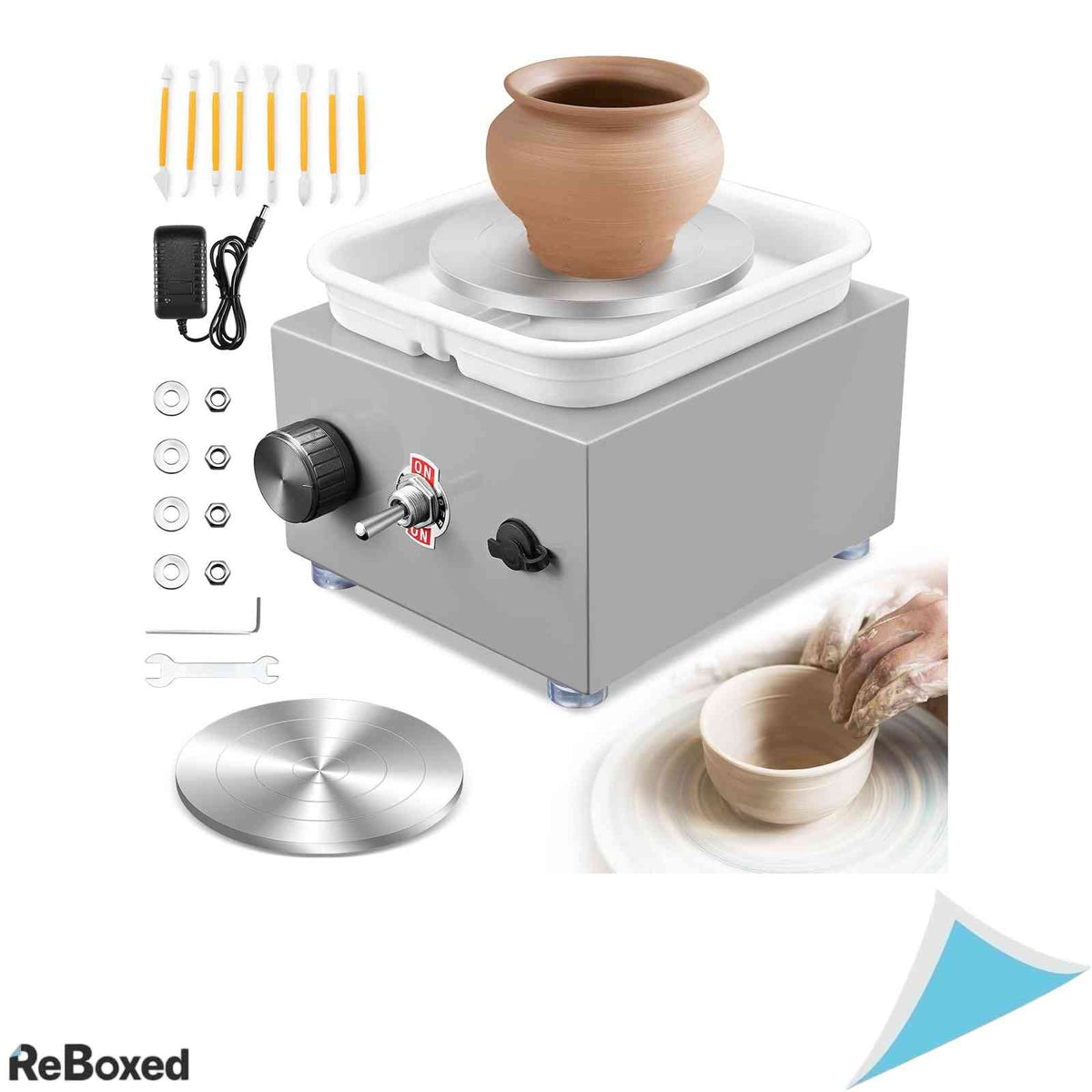 Roata Olarului Electrica Viteza Reglabila 2000 RPM Plate 10 cm si 6.5 cm Motor Brushless Silentios 40dB Tava Detasabila si Set Unelte Gri