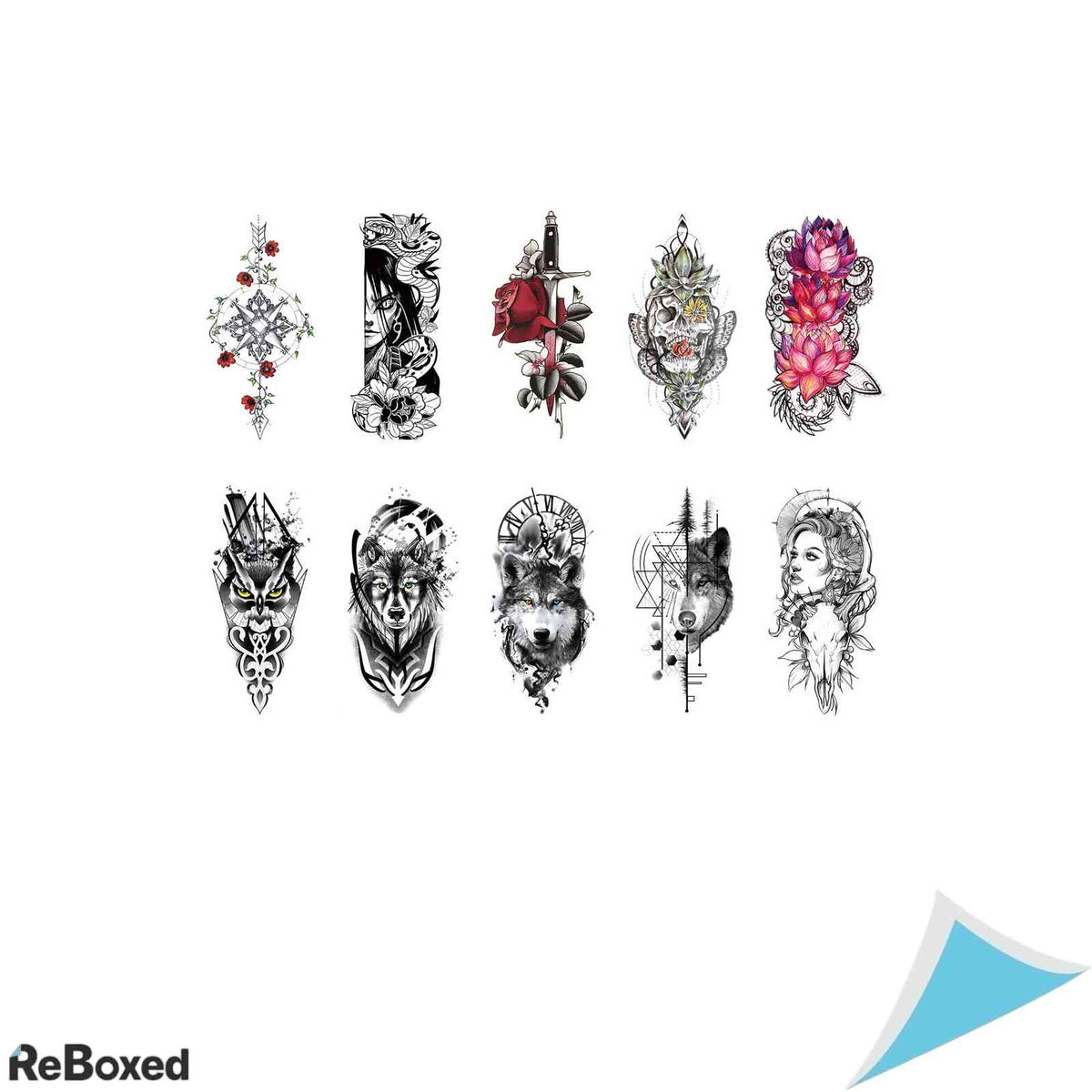 Set 10 Tatuaje Temporare Impermeabile TAFLY Modele Flori si Lupi Negru