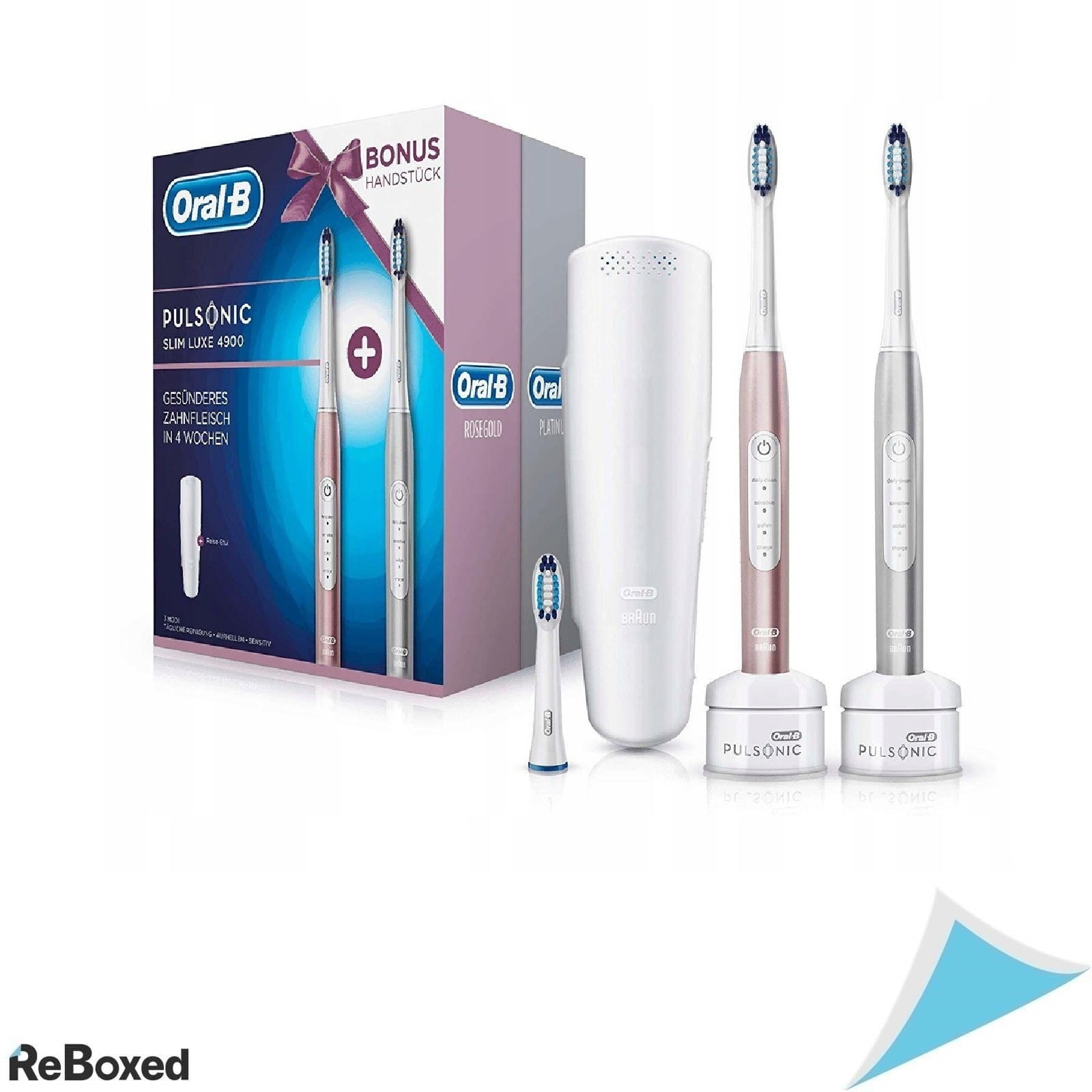 Set 2 x Periuta de Dinti Sonica Oral-B Pulsonic Slim Luxe 4900 – Roz Auriu & Platinum, 3 Moduri, Acumulator, Fara Capete