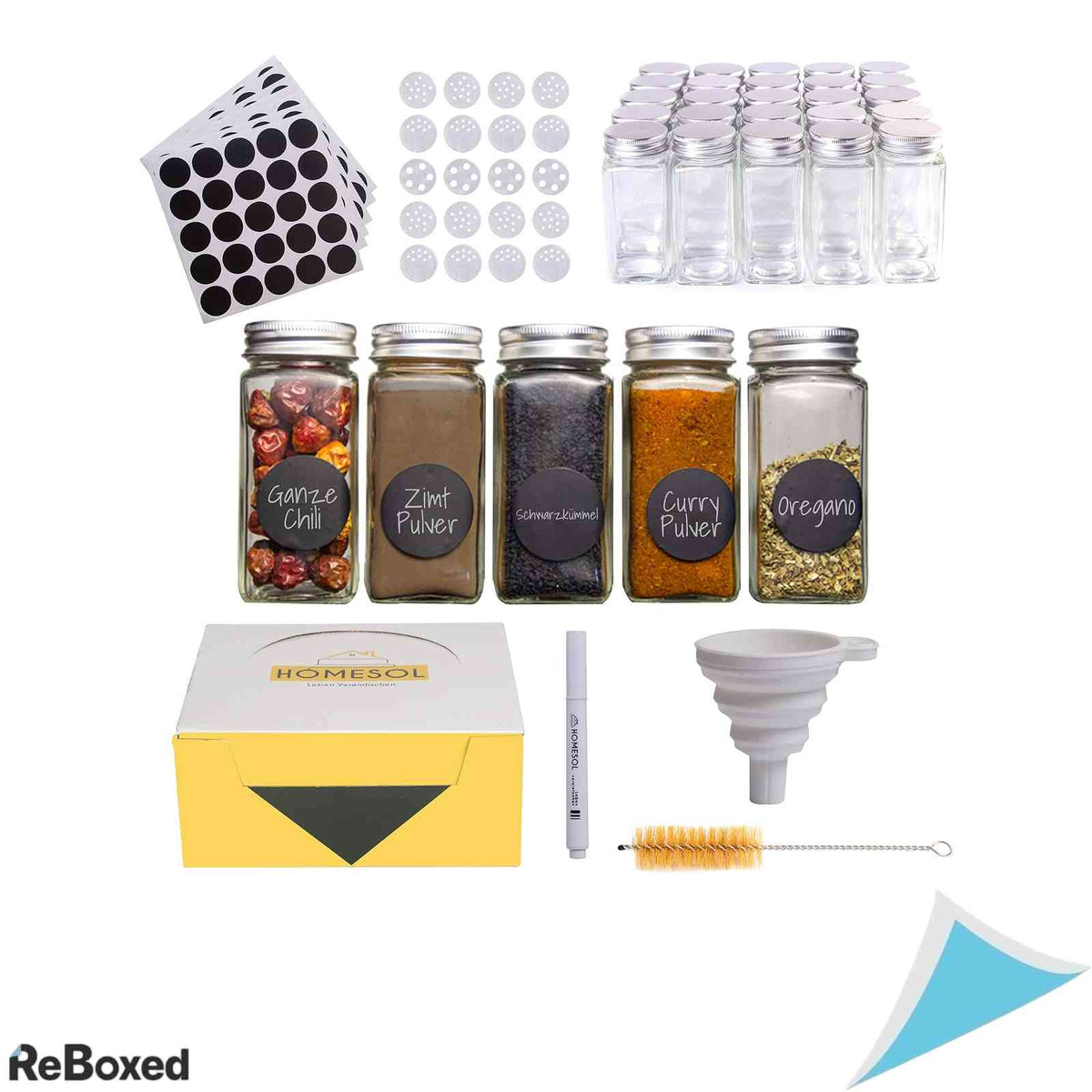 Set 25 Borcane Condimente 120 ml Patrate din Sticla cu Capac Ermetic Sita Fixa Inclusa Palnie Perie si Etichete