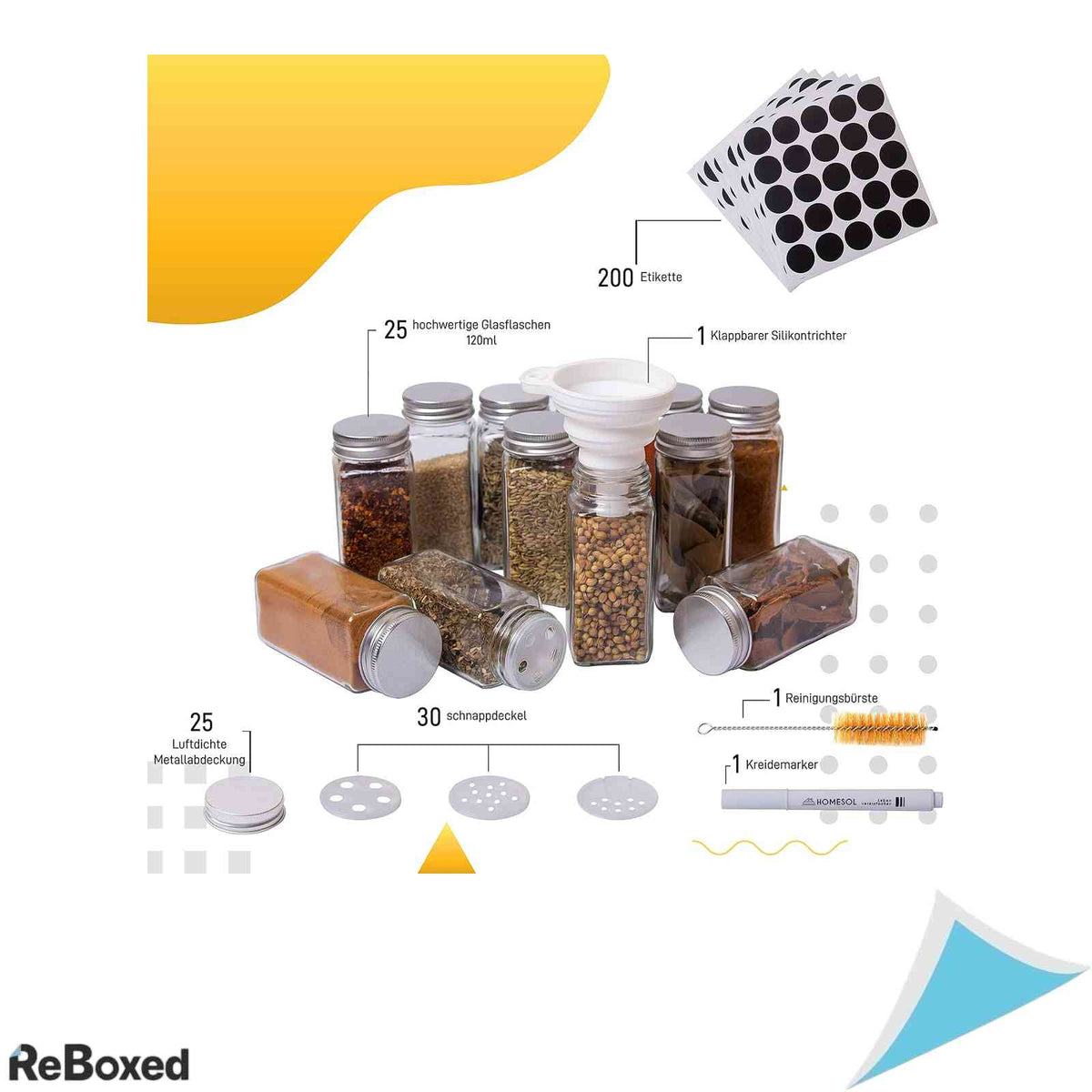 Set 25 Borcane Condimente 120 ml Patrate din Sticla cu Capac Ermetic Sita Fixa Inclusa Palnie Perie si Etichete