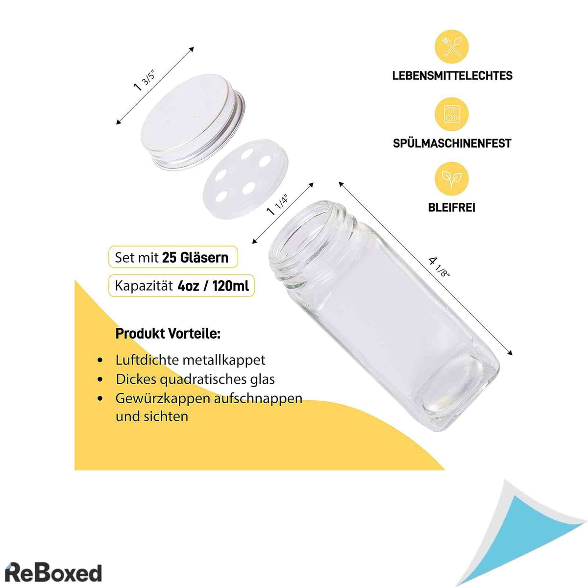 Set 25 Borcane Condimente 120 ml Patrate din Sticla cu Capac Ermetic Sita Fixa Inclusa Palnie Perie si Etichete
