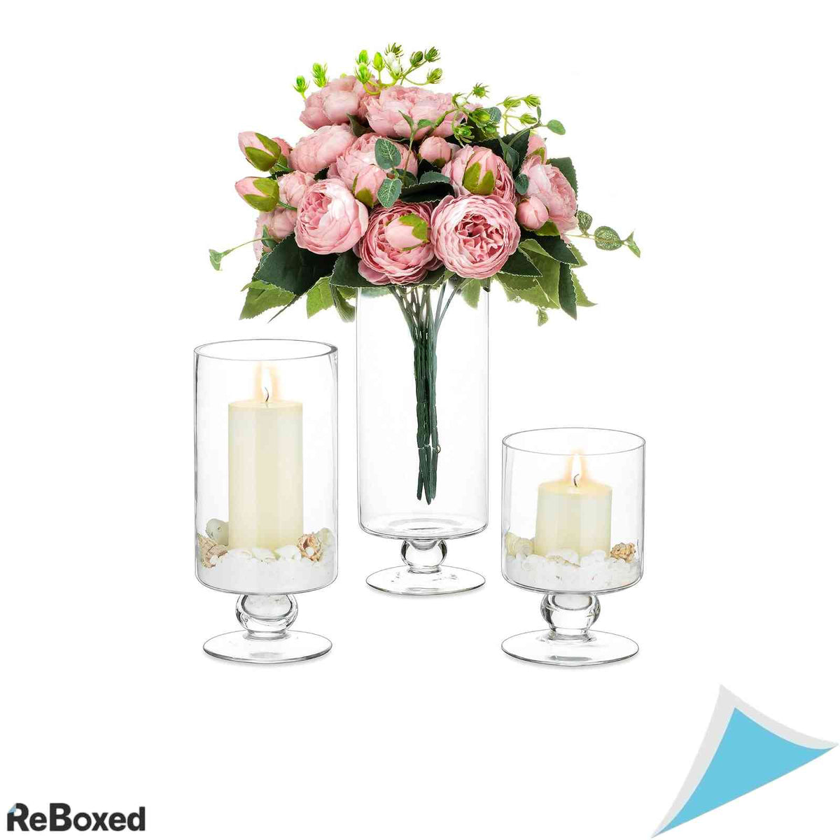 Set 3 Suporturi Lumanare si Vaze Sticla Transparenta Nuptio Inaltimi Diferite Design cu Picior Scurt pentru Lumanari Stalp si Flori Decor Nunta Evenimente