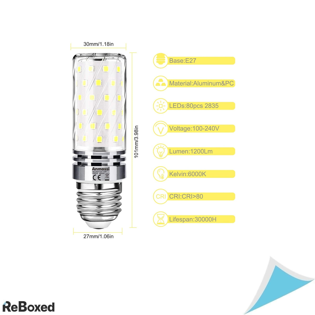 Set 4 Becuri LED Anmossi E27 12W, 1200 lm, Lumina Rece 6000K