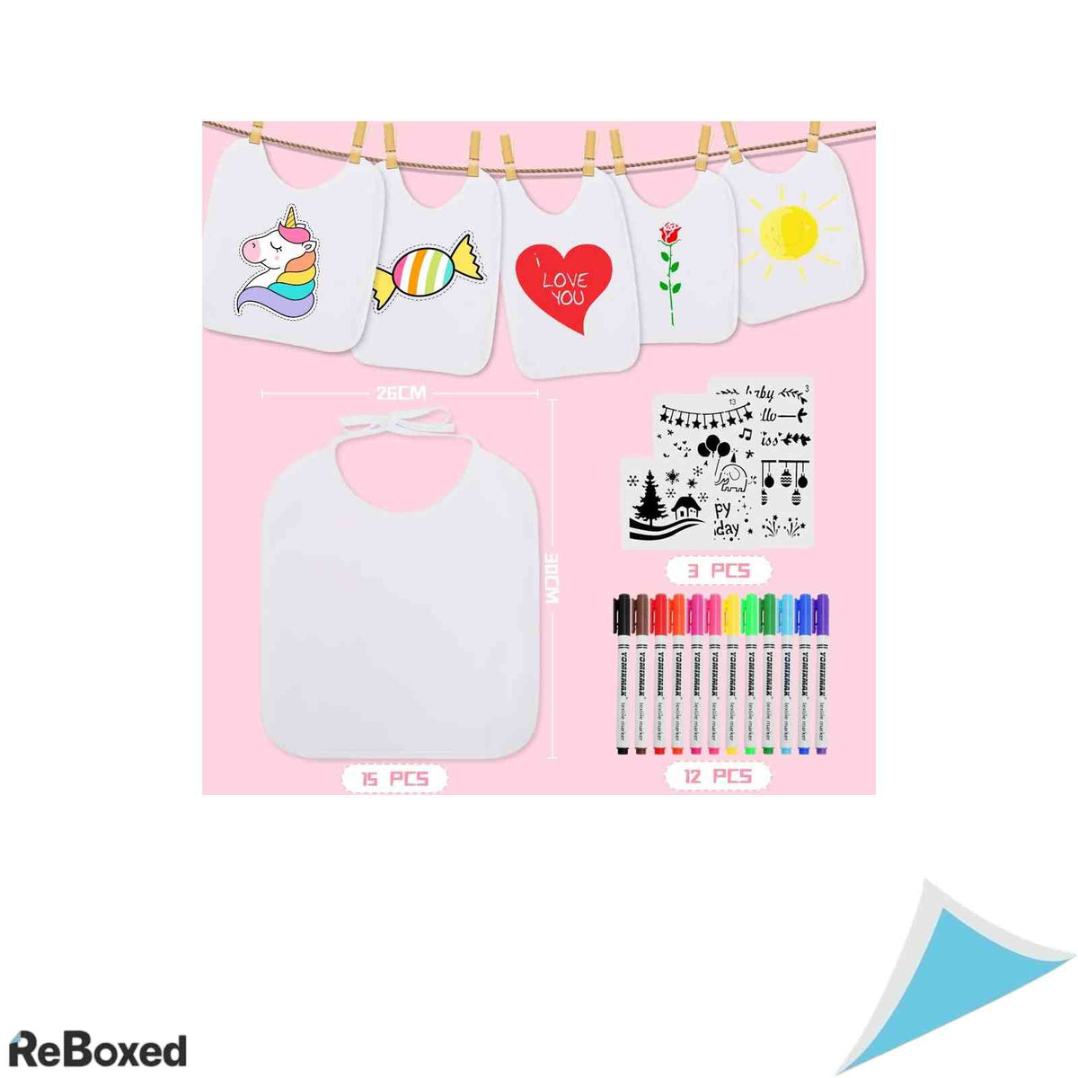 Set 15 Bavete Albe pentru Pictat Aitere 26x30 cm cu 12 Carioci Textile si 3 Sabloane Impermeabile Cadou Baby Shower