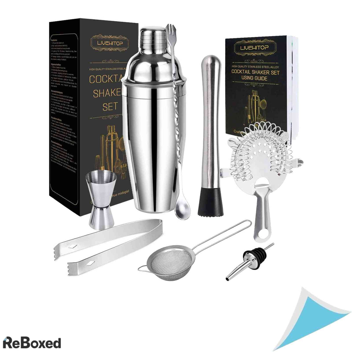 Set Cocktail 9 Piese LIVEHITOP Shaker Boston 750ml Inox Ingestie Lingura Masura Strecuratoare Cleste Gheata si Retete Argintiu