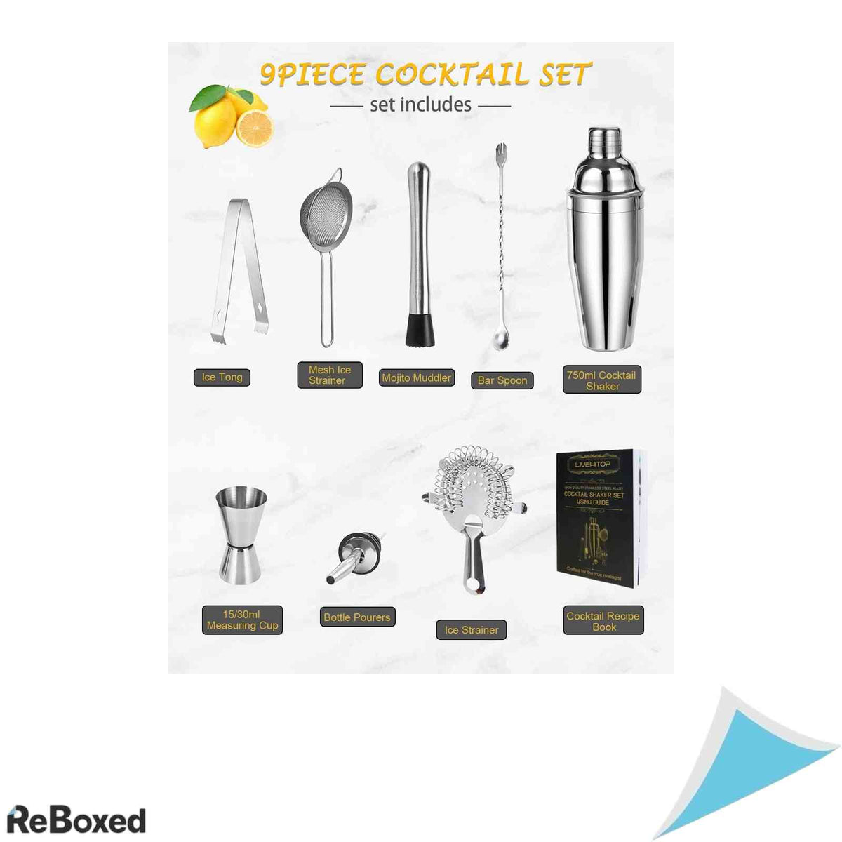 Set Cocktail 9 Piese LIVEHITOP Shaker Boston 750ml Inox Ingestie Lingura Masura Strecuratoare Cleste Gheata si Retete Argintiu