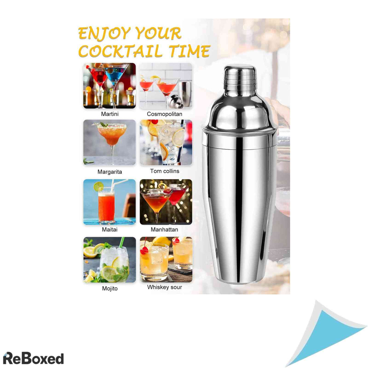 Set Cocktail 9 Piese LIVEHITOP Shaker Boston 750ml Inox Ingestie Lingura Masura Strecuratoare Cleste Gheata si Retete Argintiu