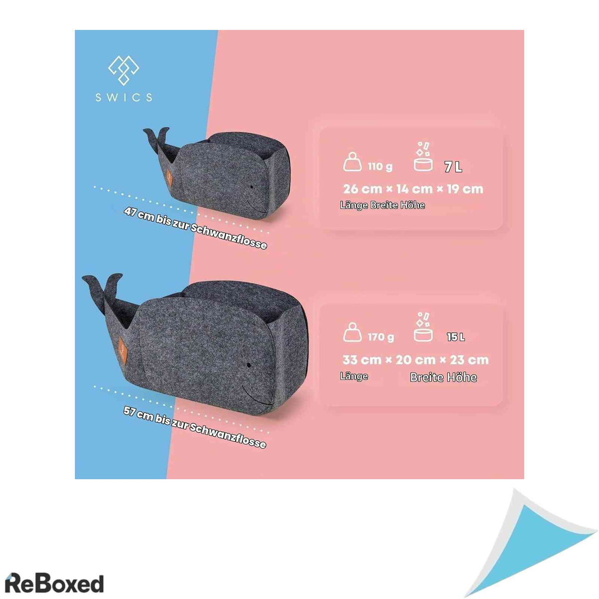 Set 2 Cuti Depozitare Jucarii din Fetru 7L si 15L Model Balena Compatibil Raft Kallax Pliabile