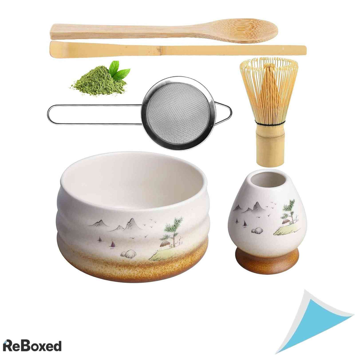 Set Preparare Ceai Matcha 6 Piese Bol Ceramic 510ml Pamatuat din Bambus Chasen Suport Pamatuat Sita Pulbere Lingurita si Suport Lingurita Cadou