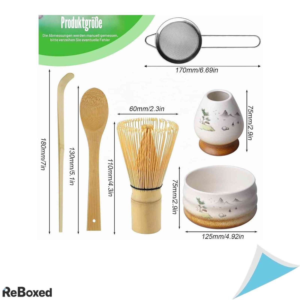 Set Preparare Ceai Matcha 6 Piese Bol Ceramic 510ml Pamatuat din Bambus Chasen Suport Pamatuat Sita Pulbere Lingurita si Suport Lingurita Cadou