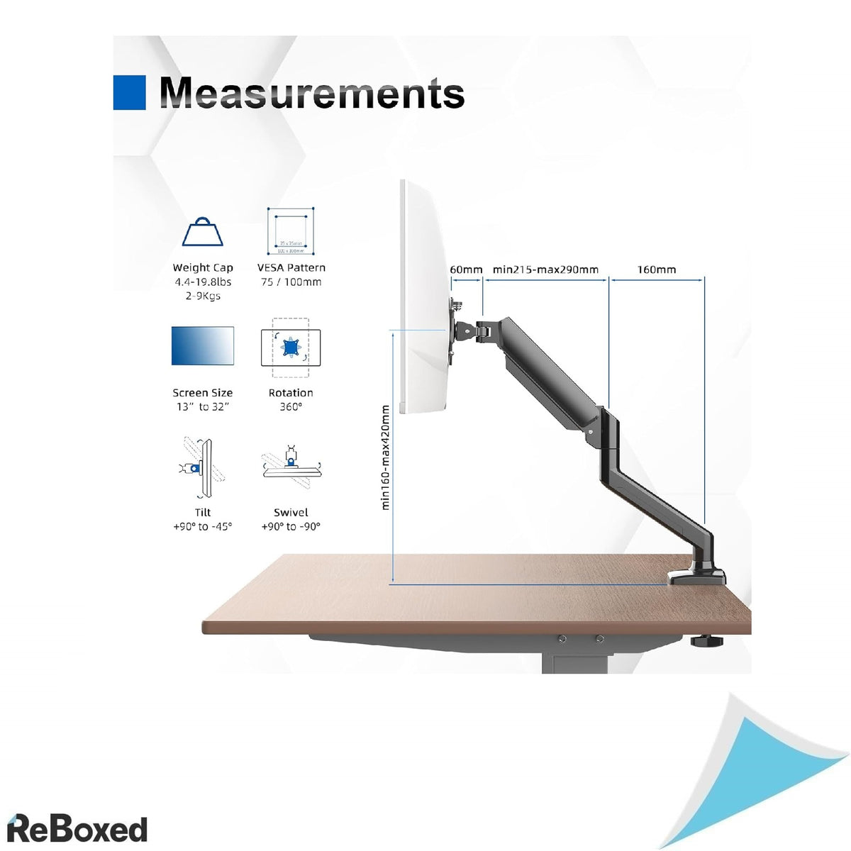 Suport de Birou cu Brat Reglabil pentru Monitor (13&quot; - 32&quot;), Sistem cu Arc cu Gaz, Negru