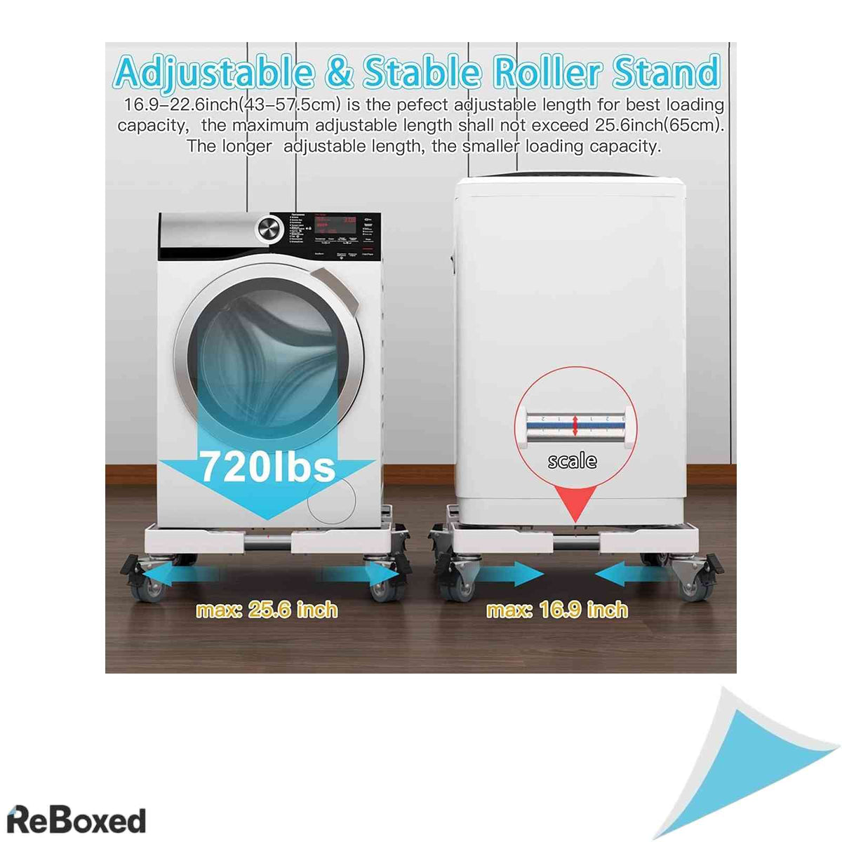 Suport Mobil Masina de Spalat si Frigider DEWEL Dimensiune Reglabila 45-69 cm Sarcina Maxima 350 kg 4 Picioare si 4 Roti Duble Pivotante Inox Alb