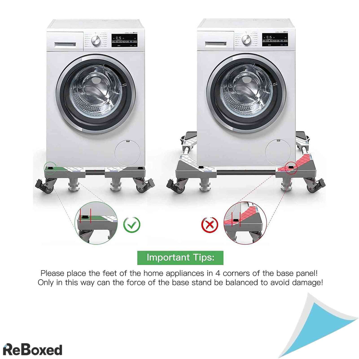 Suport Mobil Masina de Spalat si Frigider DEWEL Dimensiune Reglabila 45-69 cm Sarcina Maxima 350 kg 4 Picioare si 4 Roti Duble Pivotante Inox Alb