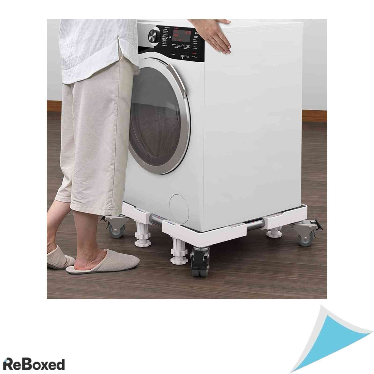 Suport Mobil Masina de Spalat si Frigider DEWEL Dimensiune Reglabila 45-69 cm Sarcina Maxima 350 kg 4 Picioare si 4 Roti Duble Pivotante Inox Alb