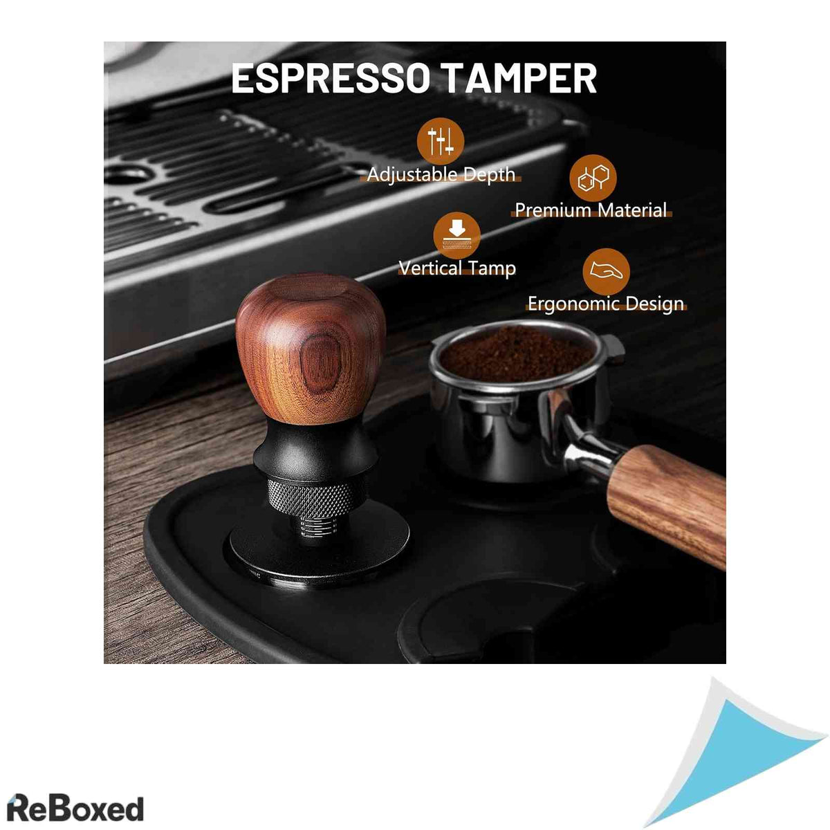 Tamper Cafea Professional VINATO 51 mm Presiune Constanta 30 lbs Baza Otel Inoxidabil 304 si Maner Lemn Nuc Adancime Reglabila Fara Diacritice