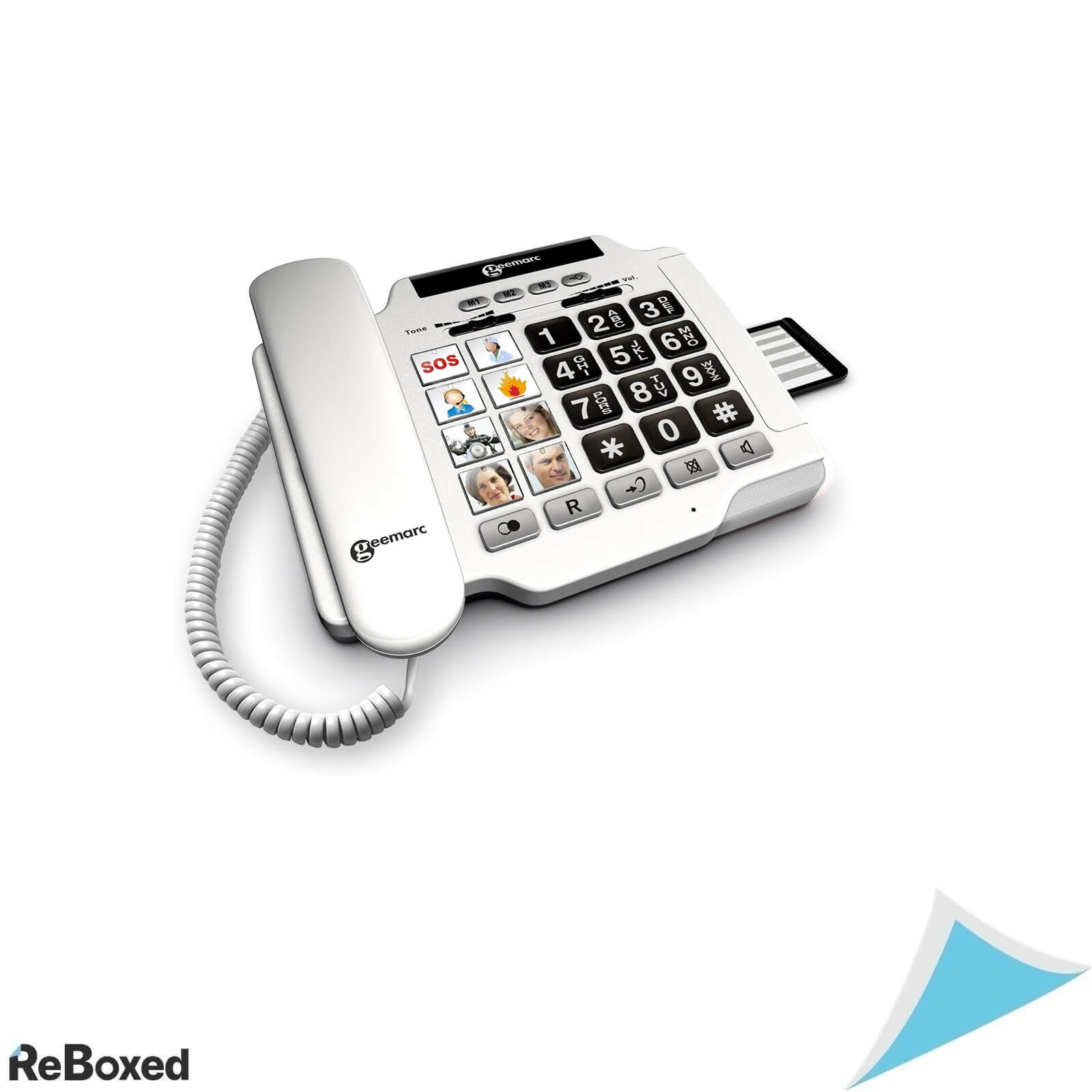 Telefon cu fir Geemarc Photophone 100, Amplificare Sunet 30 dB, Sonerie 80 dB, 8 Taste Foto, Compatibil Aparat Auditiv, Alb