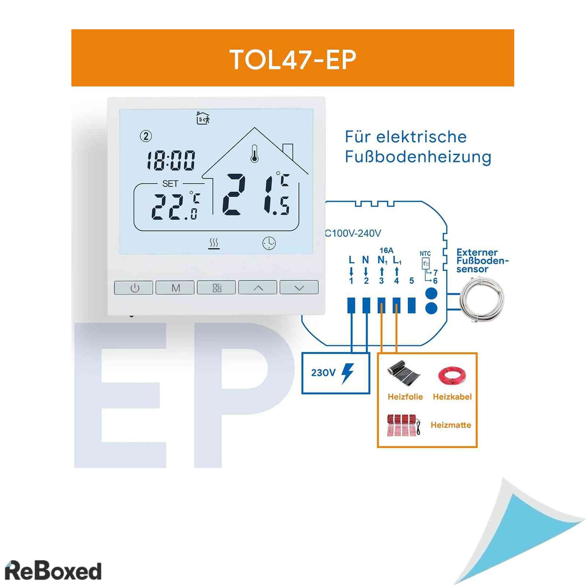 Termostat Digital Programabil de Perete Beok TOL47EP pentru Incalzire Electrica in Pardoseala 16A 3600W Ecran Touch LCD Senzor Extern Inclus Negru