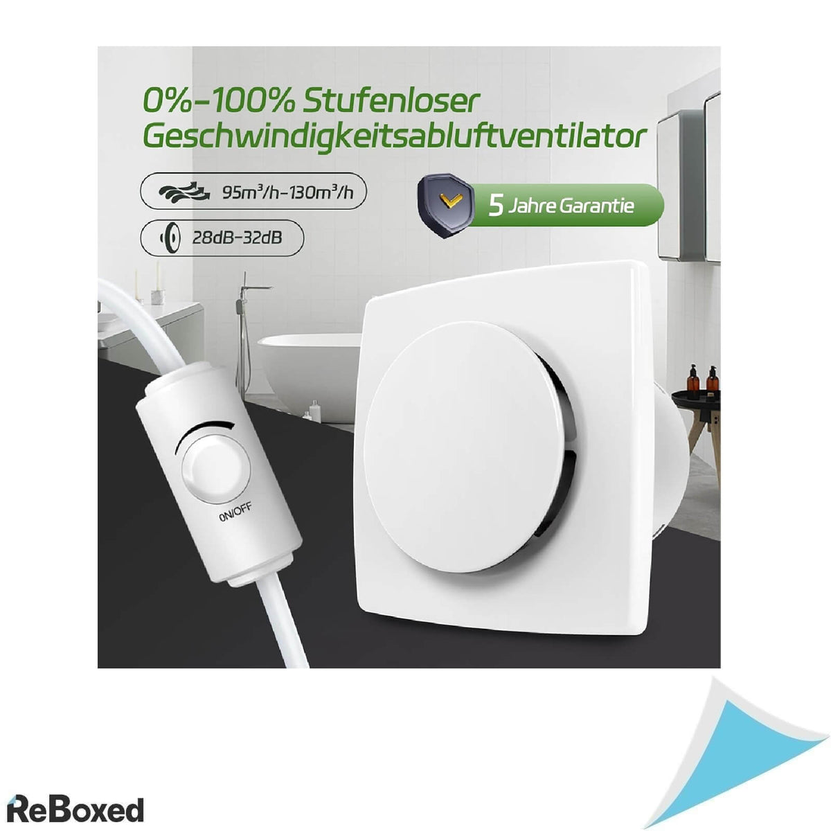 Ventilator Baie BUMSOU 100 mm, Debit Reglabil 0-100%, 130 m³/h, Silentios 28-34 dB, IPX4, 8W, Alb