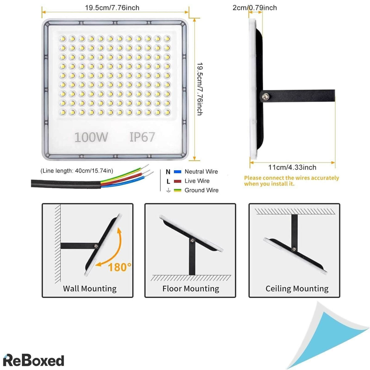 YIQIBRO Proiector LED Exterior 100W 10000lm 6500K IP67