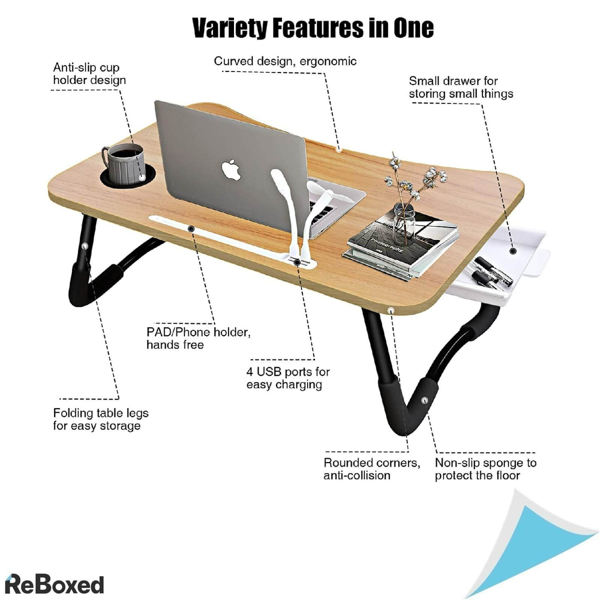 A3A Masa Pliabila pentru Laptop 60x40 cm cu 4 Porturi USB slot Pahar