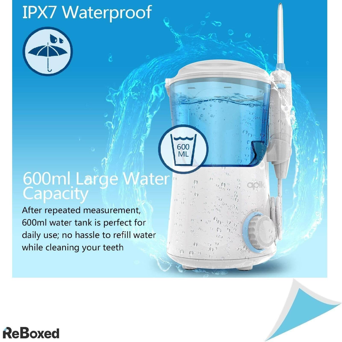 Apiker Dus Bucal IPX7 10 Presiuni Apa 600ml 8 Capete 360grade Alb