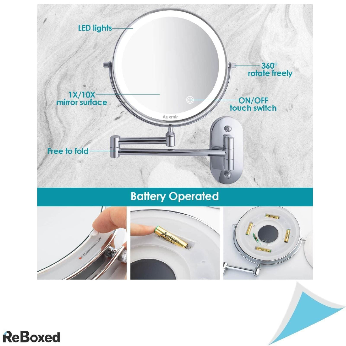 Auxmir Oglinda de Perete 20 cm Marire 1X si 10X Lumina LED