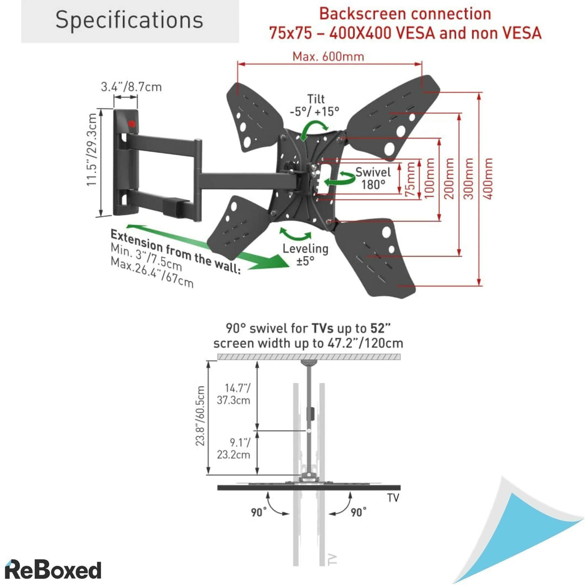 Barkan Suport TV de perete 50Kg 13-80 inch Pivot Articulabil