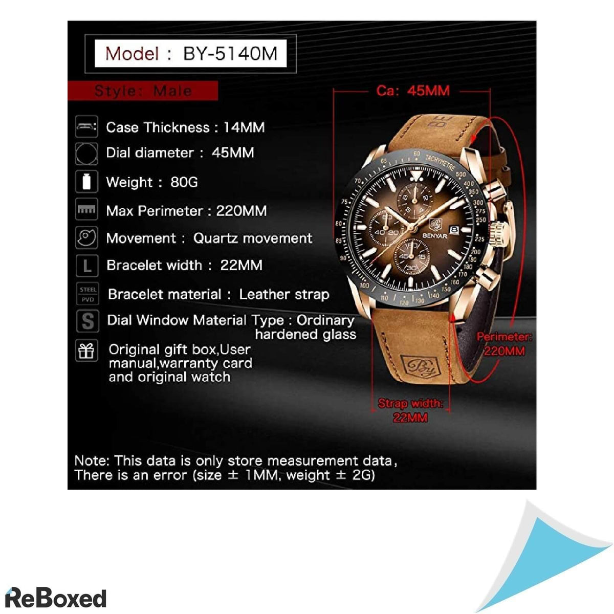 Benyar Chronograph Ceas Analog Quartz Barbati 30M Piele