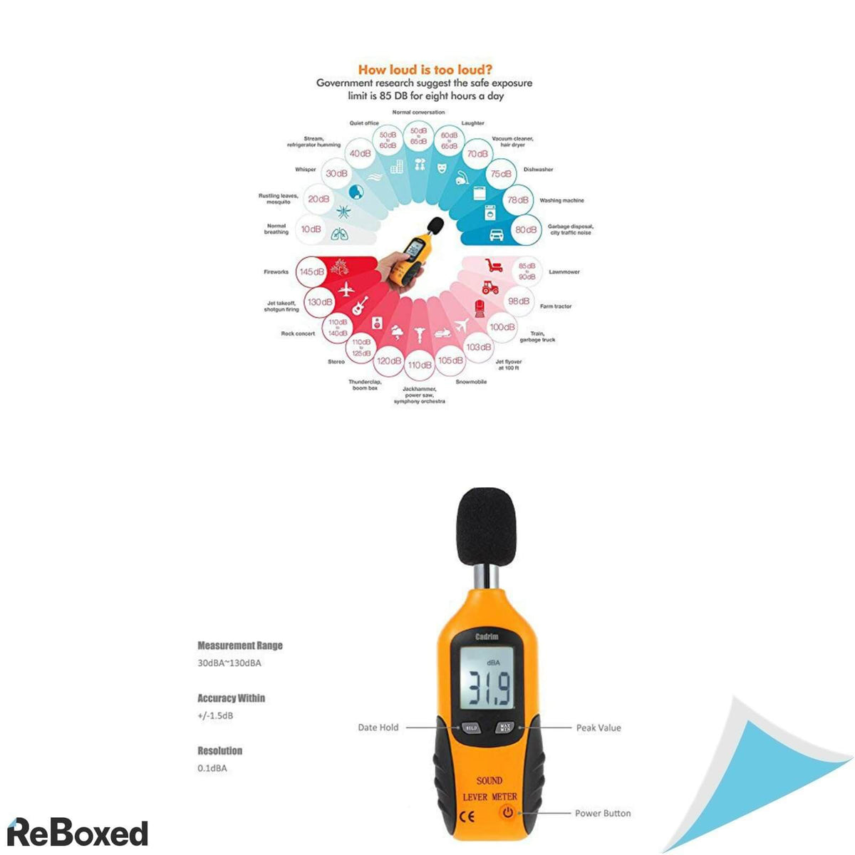 Cadrim Sound Meter 30-130dB Max Min Hold Ecran LCD