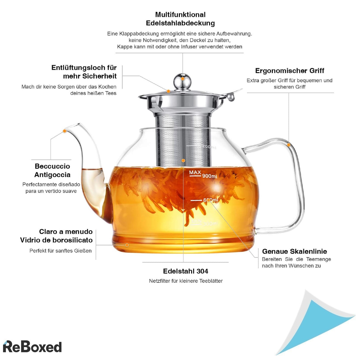 Ceainic 1000ml cu Infuzor si Capac Inox Sticla Borosilicata