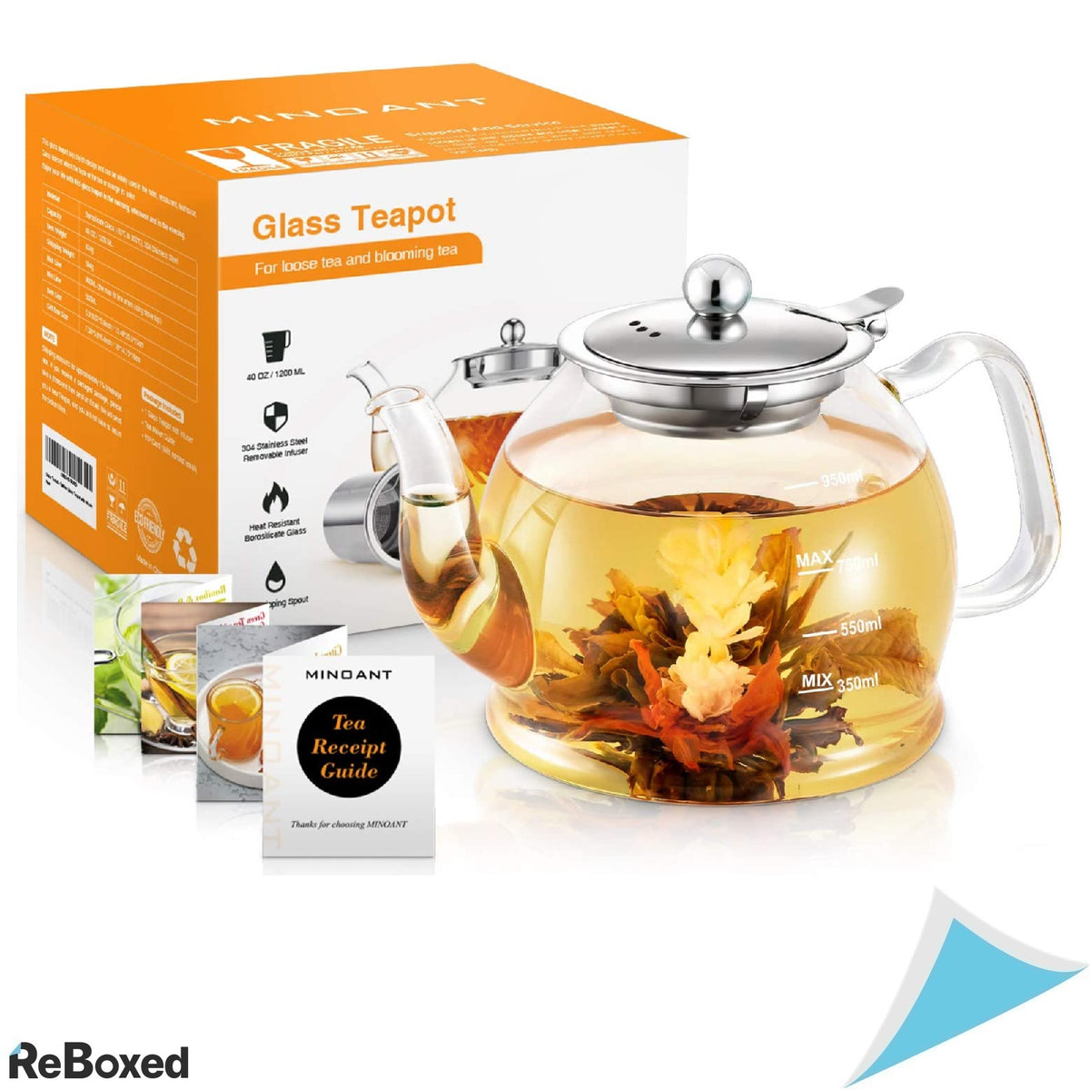 Ceainic 1000ml cu Infuzor si Capac Inox Sticla Borosilicata