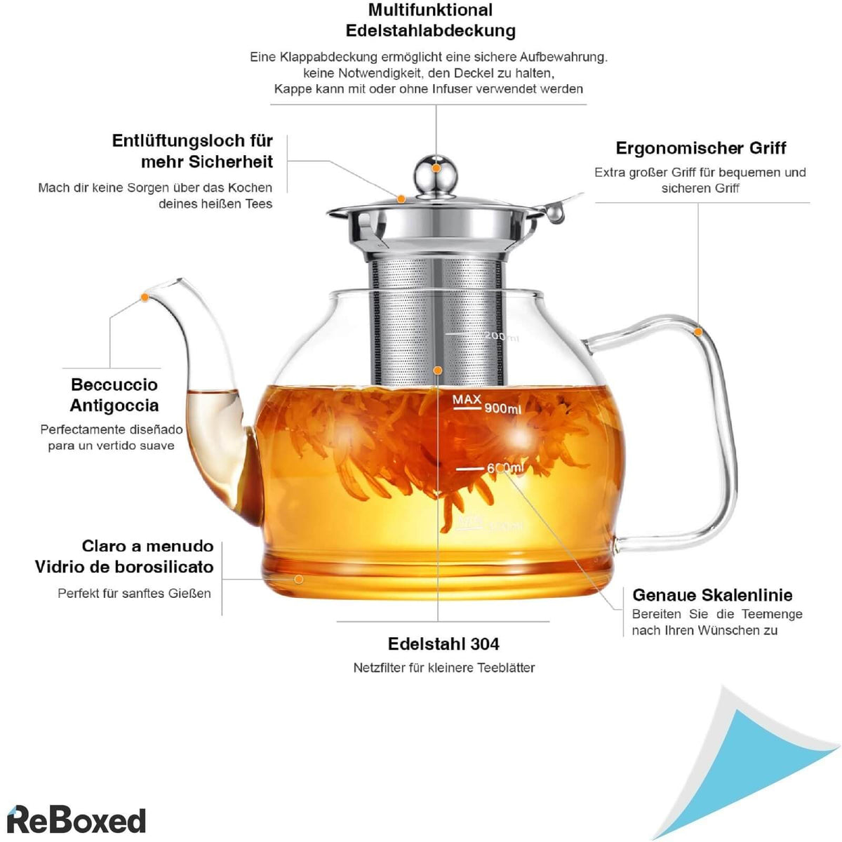 Ceainic 1200ml cu Infuzor si Capac Inox Sticla Borosilicata