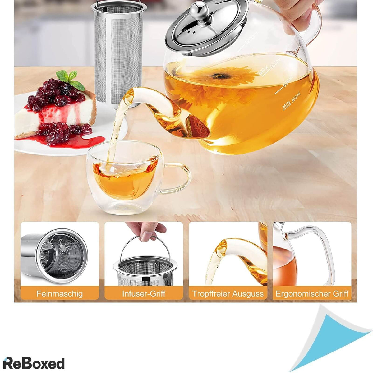 Ceainic 1200ml cu Infuzor si Capac Inox Sticla Borosilicata