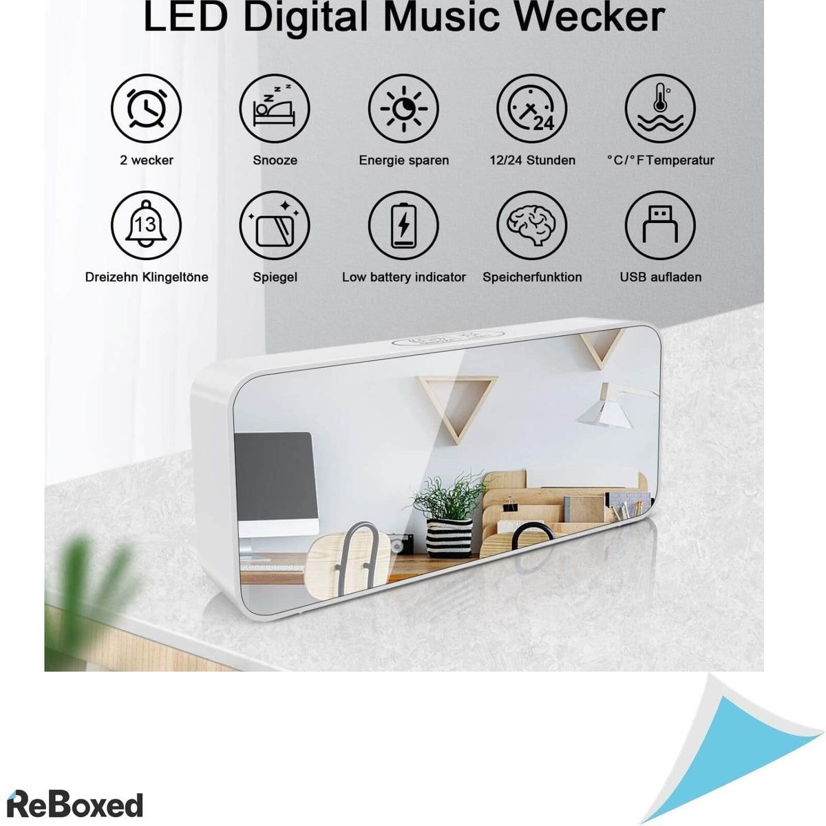 Ceas Digital Portabil Reincarcabil cu Efect Oglinda Alb