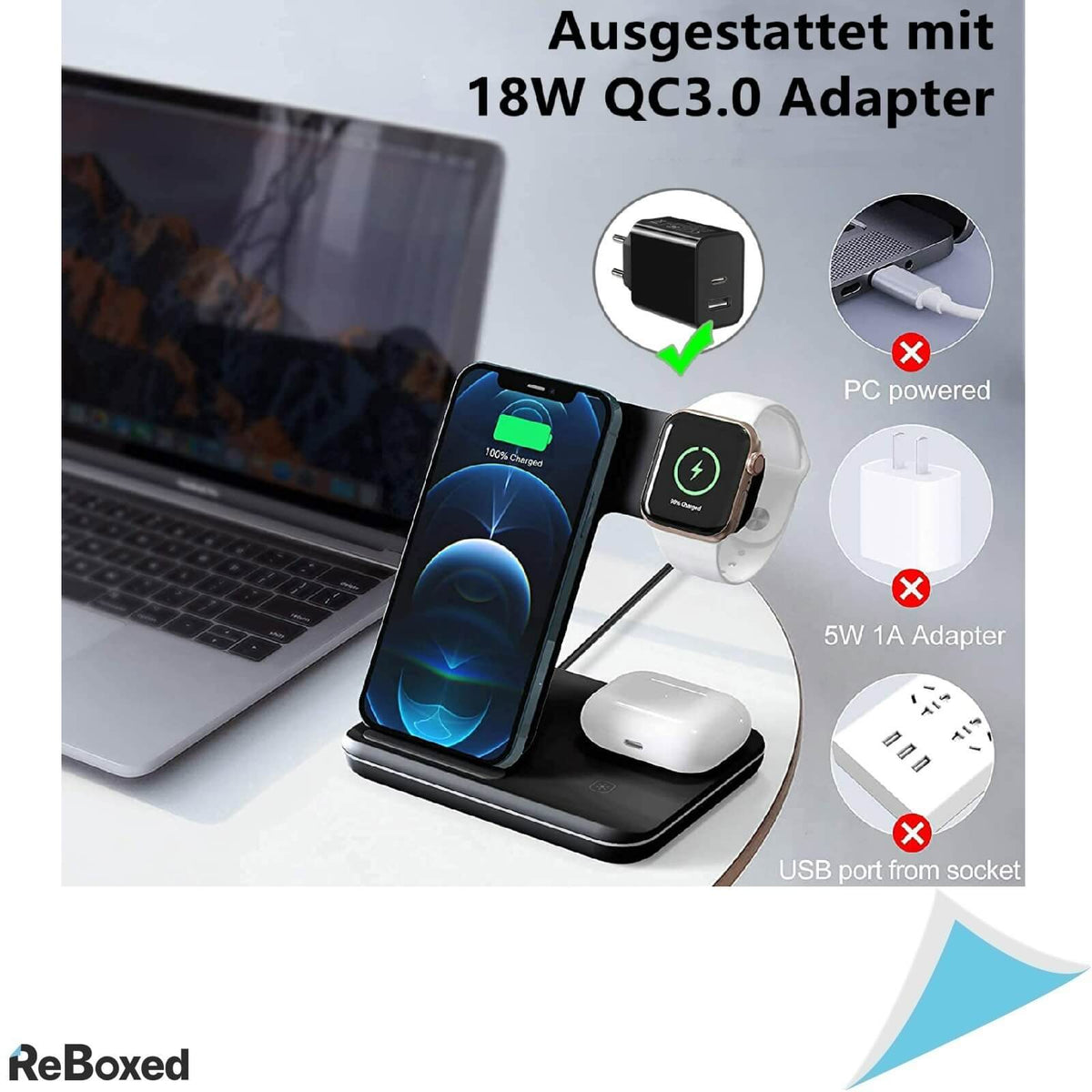 Incarcator Fast Wireless 15w 3in1 cu Adaptor 220V QC 3.0 18W Negru