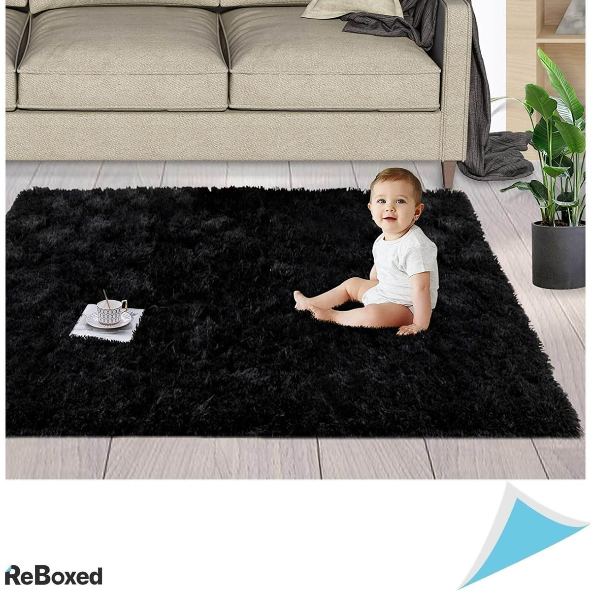 Covor Sintetic Dreptunghiular 150 x 80cm Negru Extrem de Moale