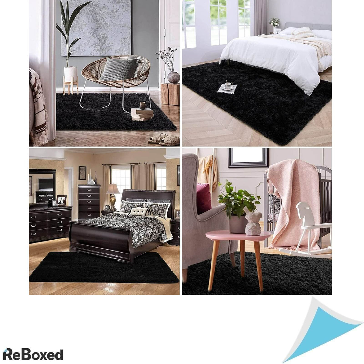 Covor Sintetic Dreptunghiular 150 x 80cm Negru Extrem de Moale