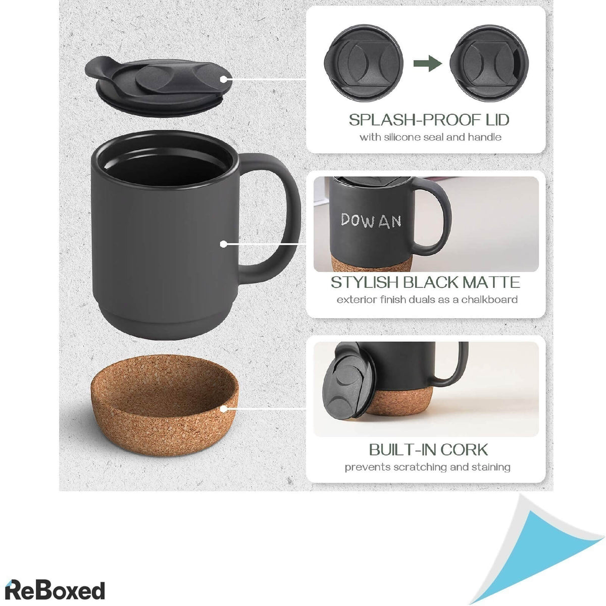 DOWAN Set 2 Cani pentru Cafea 440ml Ceramica si Pluta