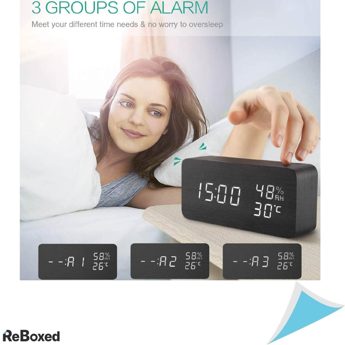 Oria Ceas Digital cu 3 Alarme Lemn MDF activare Vocala sau Touch