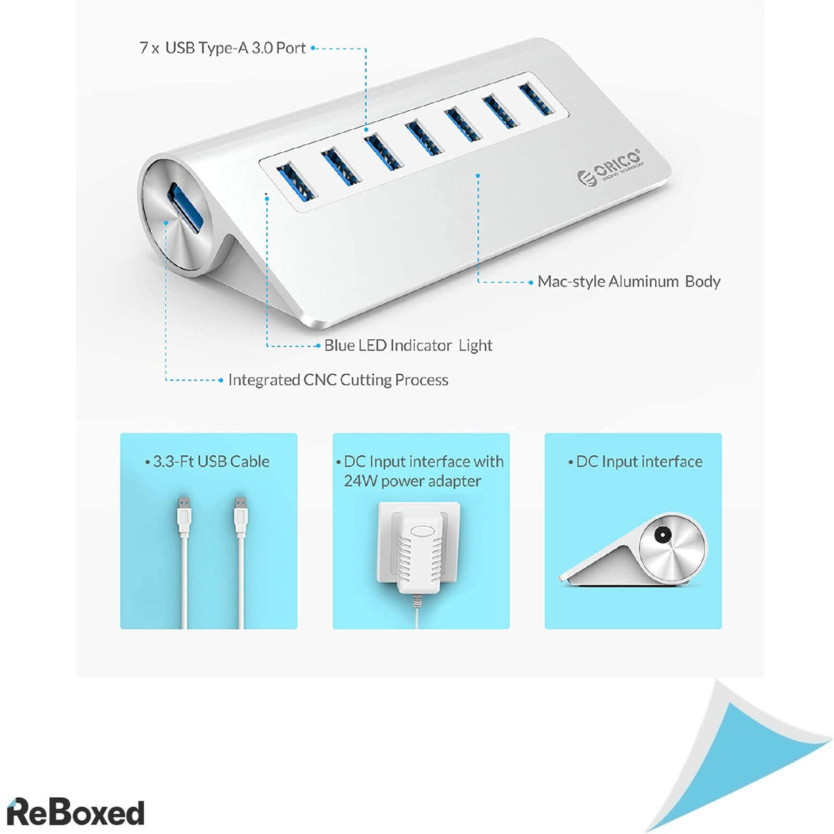 Orico Hub USB Aluminiu 7 Porturi 3.0 cu Alimentator 220V