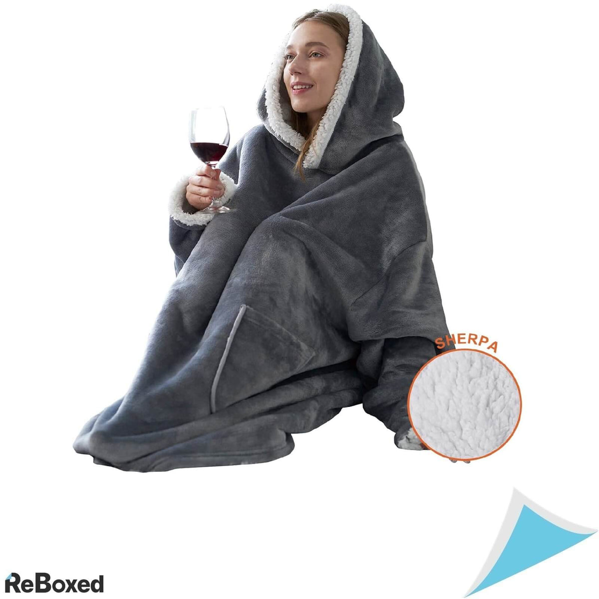 Patura Sherpa Fleece cu Gluga si Maneci largi 95x85 cm